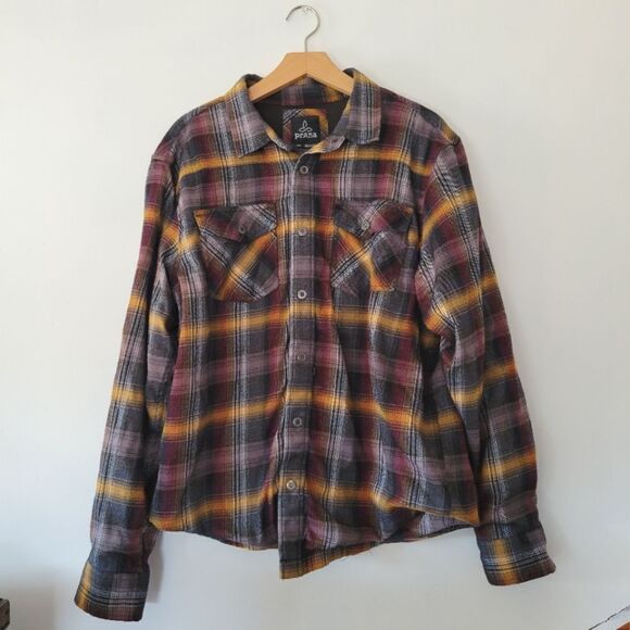 Prana Asylum Thermal Lined Plaid Button-Up Flannel Shirt Organic Cotton Blend L - Picture 1 of 11